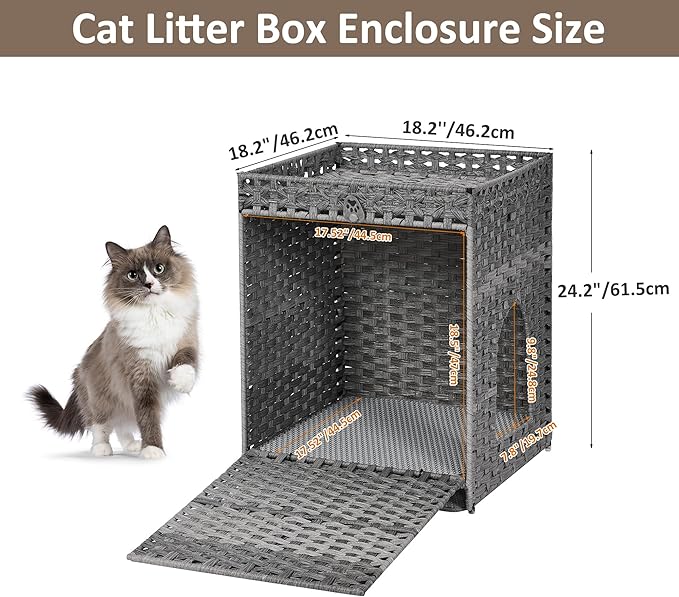 Cat Litter Box Enclosure with Soft Litter Mat; Hidden Kitten Washroom Furniture with Door; Handwoven Rattan Cat House; Pet Crate for Living Room, Bedroom, Balcony (Grey)