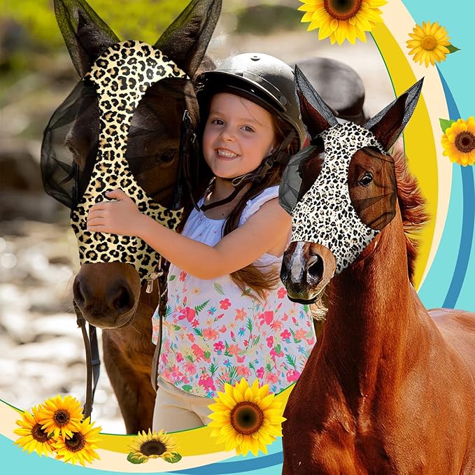 Chunful 6 Pcs Horse Fly Masks with Ears Smooth and Comfortable Cashel Mesh Fly Mask Elasticity Breathability UV Protection Horse Face Covering for Riding Supplies(Leopard,Medium)