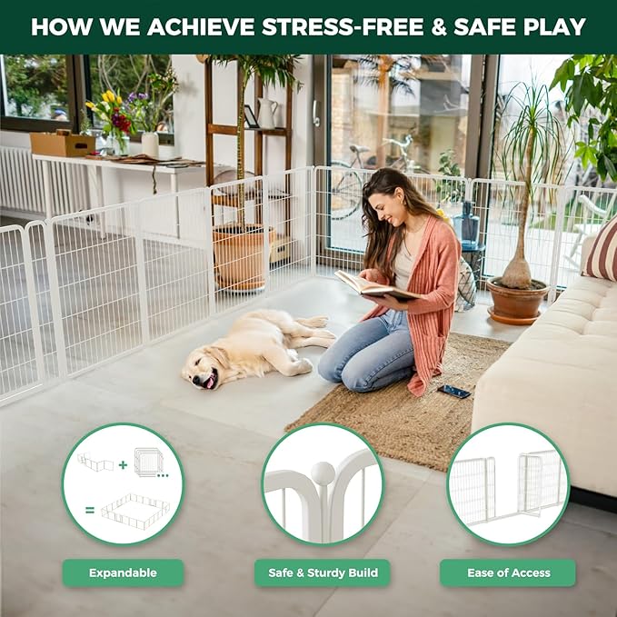 FXW Homeplus Unleashed Indoor Dog Playpen - Stress-Free and Safe Play, Heavy Duty 40 Inch 12 Wire Panels Dog Pen for Medium and Large Dogs, White│Patented