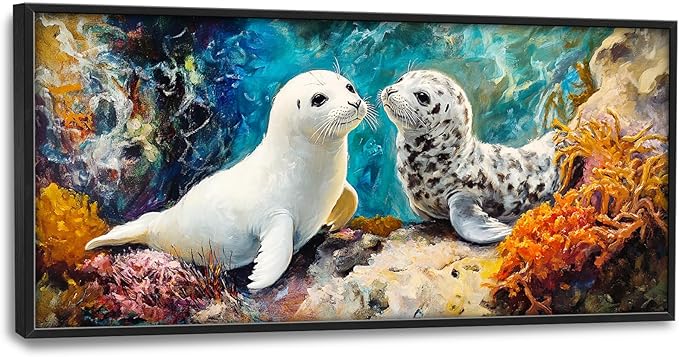 Extra Large Seal Framed Wall Art for Living Room,Oversized Underwater Animal Pictures Wall Decor,Ocean Coral Reef Canvas Print Painting Modern Artwork Bedroom Office Bathroom 60L" x 30W"