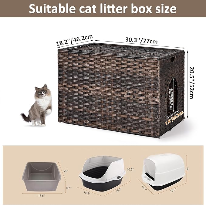 Cat Litter Box Enclosure with Litter Trapping Mat; Handwoven Plastic Rattan Kitten House; No Installation Hidden Cat Washroom; Pet Crate for Balcony,Bedroom,Living Room