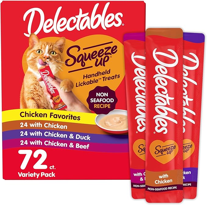 Delectables Squeeze Up Non-Seafood Variety Pack, Creamy Squeezable Puree, Lickable Wet Cat Treats, Grain Free, No Added Fillers, No By-Products, No Added Preservatives, 0.5 Ounces Tube, 72 Tubes Total