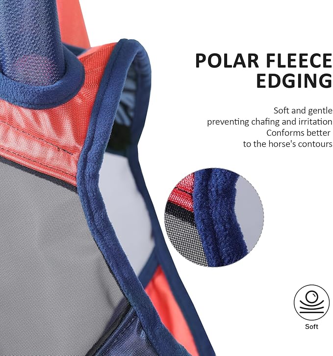 Harrison Howard Pro Luminous Horse Fly Mask Large Eye Space Half Face with Ears UV Protection for Horse Coral Orange/Navy XL