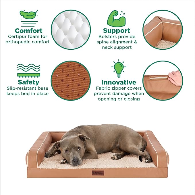 FurHaven Orthopedic Dog Sofa Bed – Memory Foam Couch with Bolsters, Textured Plush & Water-Resistant Cover, Washable Cover, Joint Support - Camel, Jumbo
