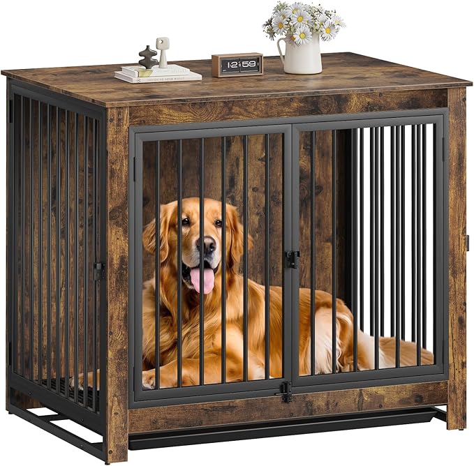 Dog Crate Furniture, Large Dog Crate Furniture, Wooden Cage Kennel Furniture Indoor, Modern Dog Crate with Multi-Purpose Removable Tray, Double-Doors Dog Furniture, Rustic Brown
