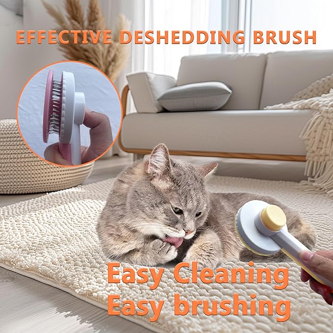 Cat Grooming Brush Kit 6 Tools - Deshedding & Dematting for Long/Short Hair, Self-Cleaning Slicker Brush with 6-in-1 Flea Comb for Cats & Kittens (Orange)
