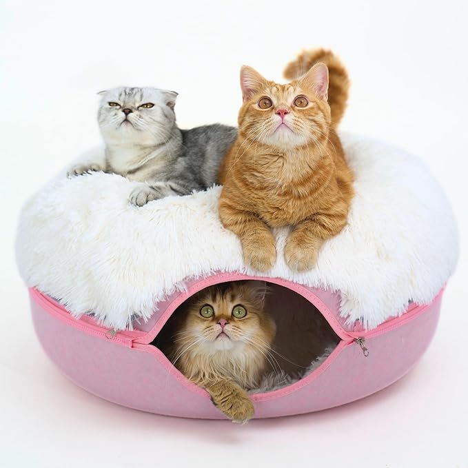 CATTASAURUS Peekaboo Cat Cave for Multiple & Large Cats Up to 30-45 Lbs, Fluffy Cat Beds for Indoor Cats, Scratch Detachable & Washable Tunnel Bed, Comfy Donut Cat Cave (Pink, Large (Calming))