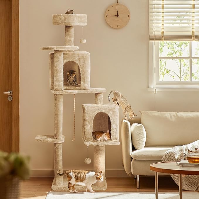 59in Large Cat Tree Tower for Indoor Cats with Soft Plush Hang Ball, Two Condos, Sisal Scratch Posts & Rope Play for Kittens/Adult Cats, New Beige