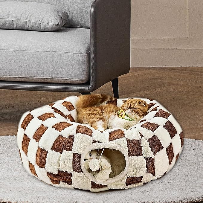 Cat Tunnel Bed with Washable Cushion for Indoor Cat, Donut Cave Tube Toys for Kitten Puppy Rabbit, Brown