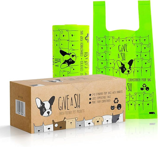100% Certified Home Compostable Dog Poop Bags with Handles - 10% to Charity - ASTM D6400 & EN 13432 Compliant Large Poop Bags - 240 Bags - Large Pantry Roll of Plant Based Compostable Poop Bags
