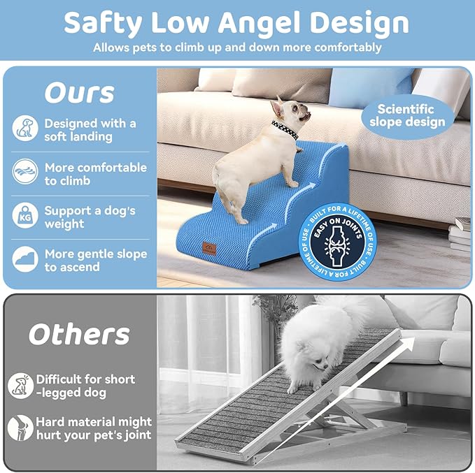 Dog Ramp and Stair for Bed 16" H-20 H,3-Step Cat Stair for Sofa and Chair,4-Step Dog Ramp for High Bed and Window,Durable Nonslip Fabric Cover for Indoor (Blue-16“H, Pet Friendly, 3)