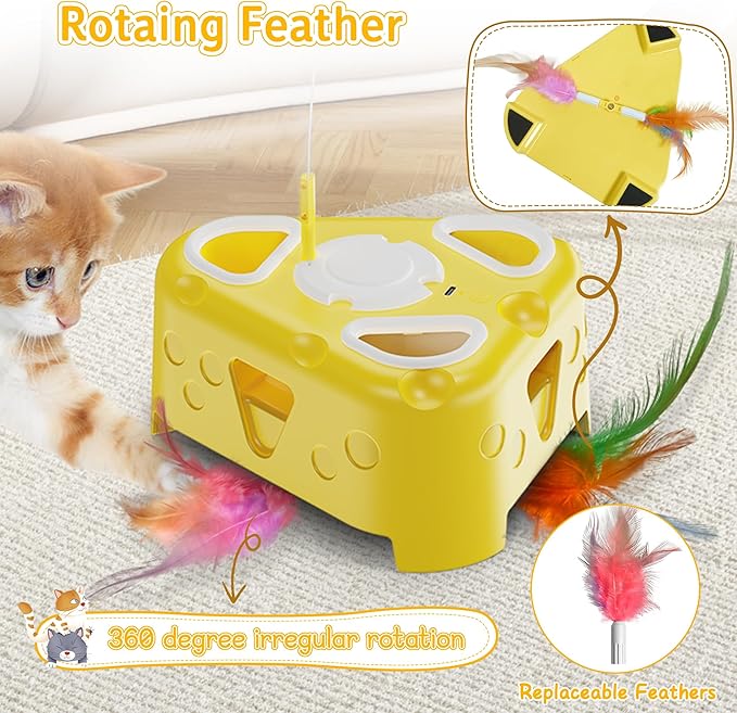 3-in-1 Interactive Cat Toy for Indoor Cats,Automatic Kitten Toys,Flying Bird,6 Holes Mole,Rotating Feather, USB Rechargeable Electronic Interactive Feather Toy for Bored Adult & Kitten Cats
