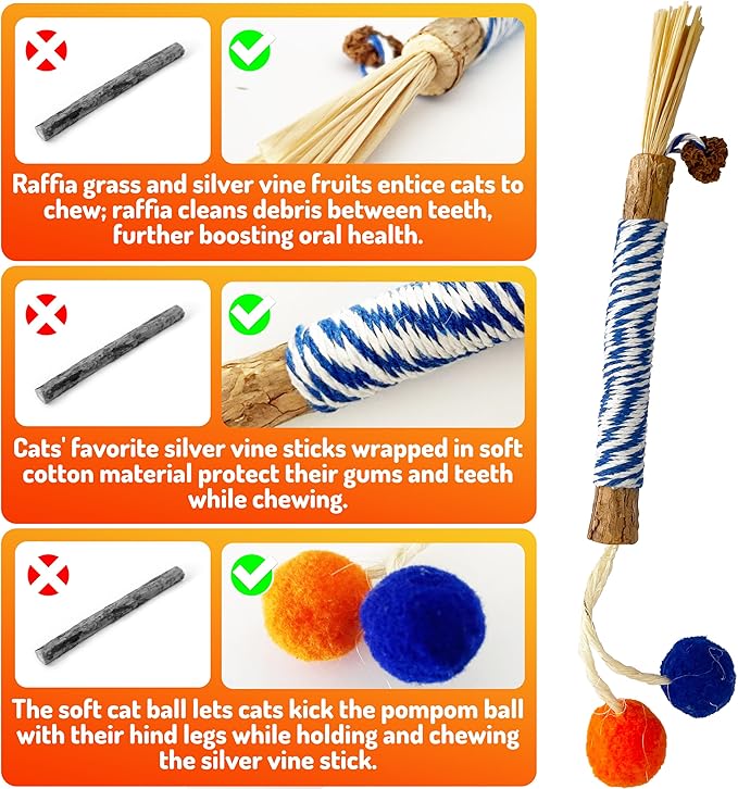 Catnip 4PCS Chew Stick with Wrapped Cotton Rope – Natural Dental Care Cat Toy for Teeth Cleaning & Gum Health, Satisfies Chewing Instincts, Safe & Long-Lasting Kitten Teething Toy