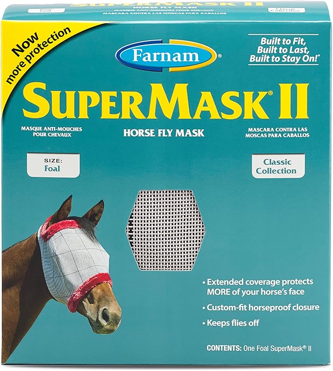Farnam SuperMask II Fly Mask Without Ears for Foals, Full Face Coverage and Eye Protection from Insect Pests, Structured Classic Styling Mesh with Plush Trim, Foal Size