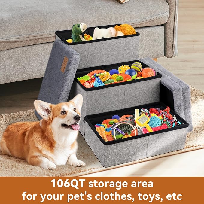 Dog Stairs with Furry Lids 18" H, 3-Step Wider Dog Steps with Storage for Small/Medium/Large Old Dogs Cats, Folding Sturdy Pet Stairs Climbing Bed Couch, Ramp for Car Hold Up to 200 lbs, Grey