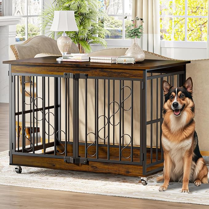 COZPAW Dog Crate Furniture, 48 Inch Dog Crates for Medium/Large Breed, Farmhouse Wood Metal Kennel Indoor Heavy Duty Pet Cage with Caster Wheels (Brown)