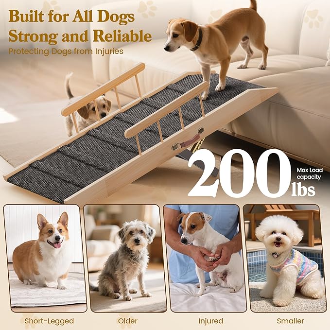 Dog Ramp for Bed Couch, Pet Ramp for Small Medium Old Dogs Cats with 10 Adjustable Heights from 5.91" to 19.69", 47" Long Portable Non-Slip Dog Bed Ramp for High Bed, Couch, Hold up to 200 LBS