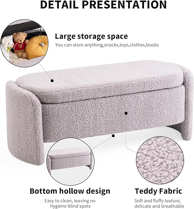 48 Inch Lamb Fleece Oval Storage Bench Upholstered Ottoman Bench with Storage, Bedroom Bench with Large Storage Space, for Bedroom Living Room Entryway, Grey