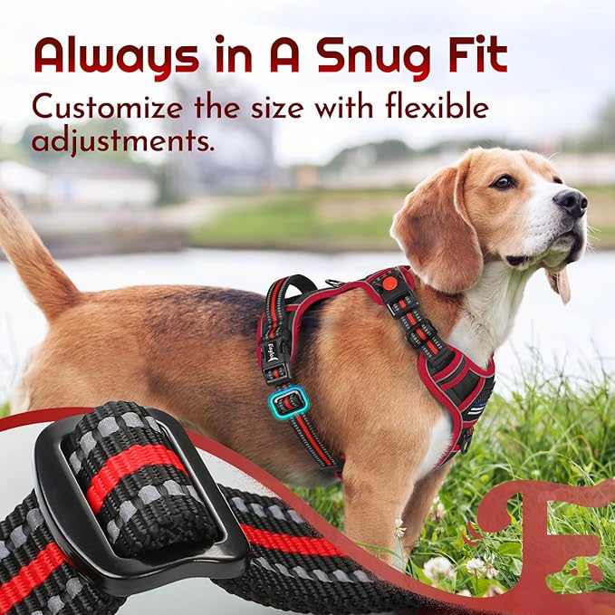 Eagloo Dog Harness for Large Dogs, Easy Wearing with 3 Buckles, Adjustable No Pull Pet Harness with 2 Rings for Walking, No Chock Reflective Soft Padded Vest with Control Handle, Black & Red, XL