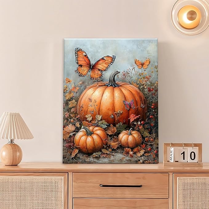 Fall Pumpkin Pictures Wall Art, Rustic Thanksgiving Bathroom Wall Decor, Farmhouse Autumn Butterfly Framed Painting Canvas Artwork for Harvest Gift Bedroom Living Room Decorations 16"L x 12"W