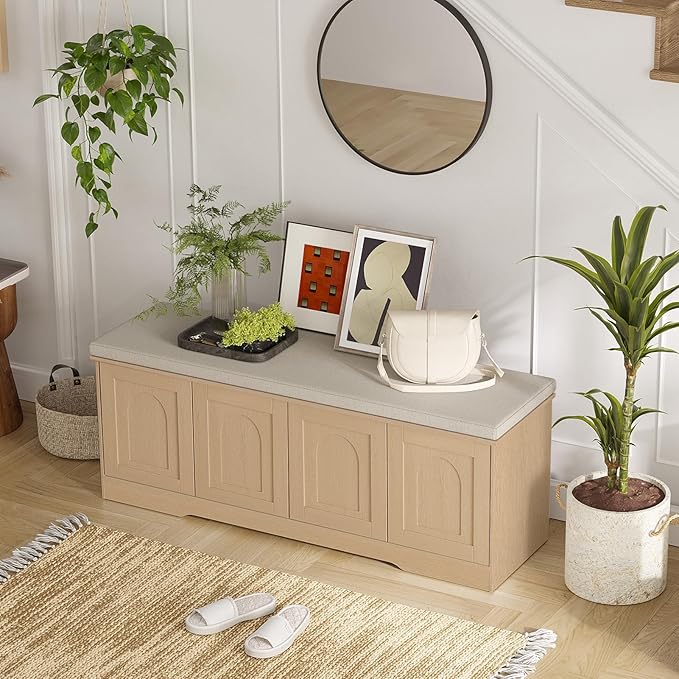 DINZI LVJ Shoe Bench, Entryway Storage Bench with Doors, Cushion, 2-Tier Shoe Rack with 8-Cubby, 47.2”L x 13.8”W Shoe Organizer Cabinet, Adjustable Shelf, Living Room, Bedroom Natural