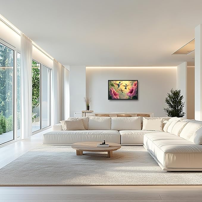 Framed Large Hummingbird Wall Art for Living Room, Oversized Rustic Bird Flower Wall Decor Floral Canvas Painting Nature Sunrise Pictures Modern Artwork for Bedroom Office Dinging Room 36"x24"