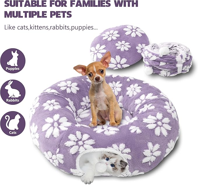 Cat Tunnel for Indoor Cats, Cute Peekaboo Cat Cave with Dangling Balls, Pet Donut Tunnel Bed with Circle Mat for Puppy Kitten Rabbit, Purple