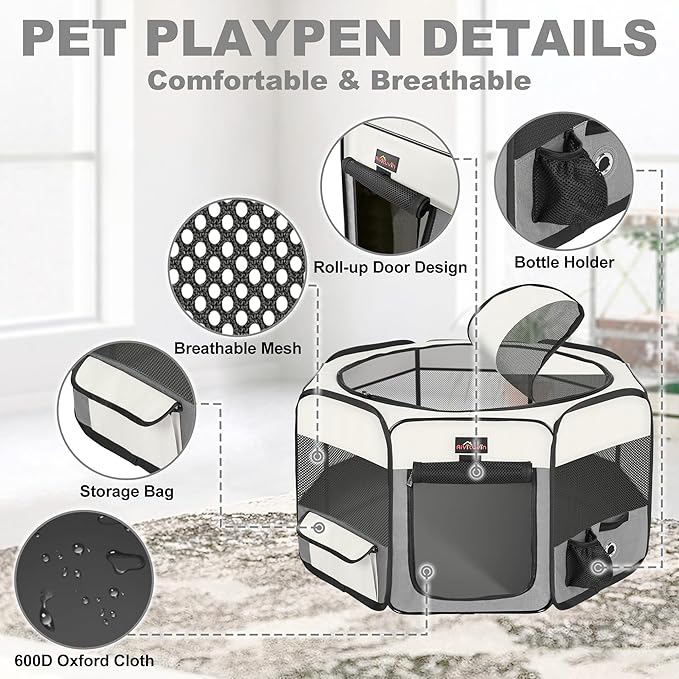 Aivituvin Dog Playpen Foldable Pet Play Pens with Carrying Bag for Cat, Puppies, Rabbits, Chickens, Durable Portable Pet Tent for Travel Camping Indoor/Outdoor Grey L
