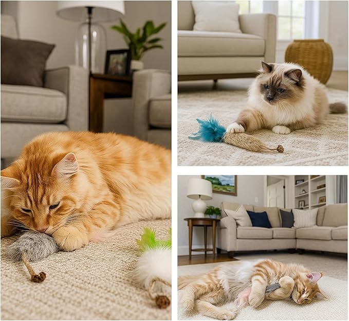3 Pack Rabbit Fur Catnip Toys with Feathers – Interactive Carrot Cat Toys with Galls Fruit for Indoor Cats and Kittens