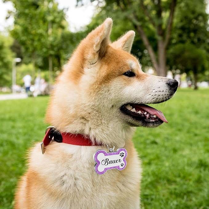 Dog Tags Personalized for Pets Dog Name Tags Personalized Dog Tag Engraved with Any Name & Text Custom Dog ID Tags Glitter Bone ID Tag for Puppy Cat (Purple S, Bone)