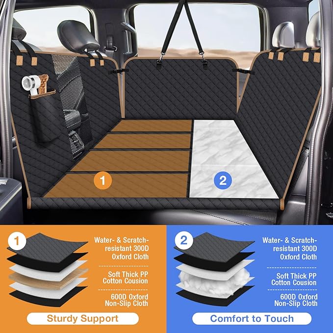 Dog Car Seat Cover for Back Seat, Dog Car Bed Cover with Strong Hard Bottom, Car Back Seat Extender Hammock for Car SUV Truck,4 Panels Black Large Size