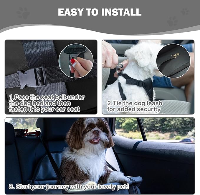 Dog Car Seat for Small Dogs, Large Leather Dog Car Bed with Storage Pocket, Waterproof PVC Leather Booster Seat Travel Bed for Front & Back Seat, Clip-On Safety Leash (Black)