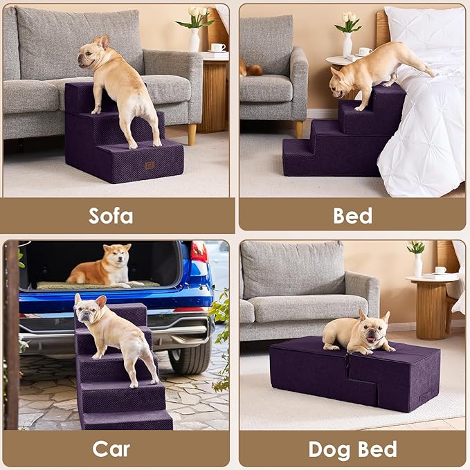EHEYCIGA Dog Stairs for Bed 20" H, 4-Step Extra Wide Dog Steps for High Bed, Pet Steps for Small Dogs and Cats, Non-Slip Balanced Pet Ramp Indoor, Purple