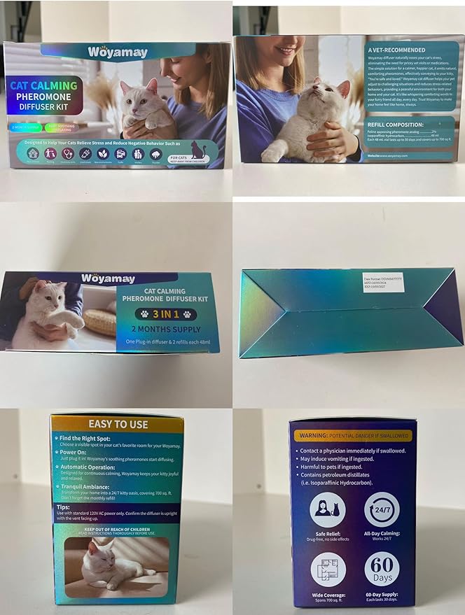Cat Calming Diffuser - Cat Pheromones Calming Diffuser for Cat Anxiety Relief 3-in-1 Cat Pheromone Diffuser Kit with 1 Diffuser + 2 Refill 48ml Vial - 60 Days Pheromone Diffuser to Calm Cats