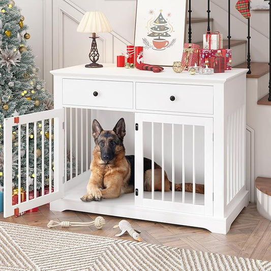 Dog Crate Furniture, 44 Inch Wooden Dog Kennel Indoor with 2 Storage Drawers, Heavy Duty Large Crate Furniture, Decorative End Table Cage Furniture for Small/Medium/Large (White)