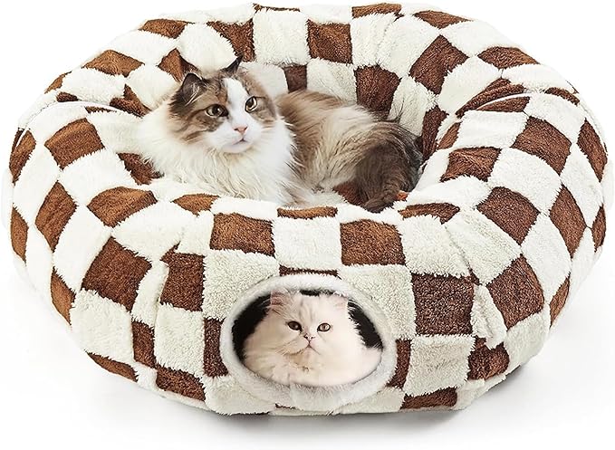 Cat Tunnel Bed with Washable Cushion for Indoor Cat, Donut Cave Tube Toys for Kitten Puppy Rabbit, Brown