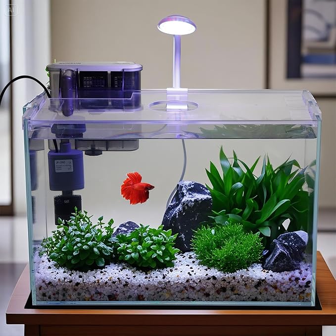 3 Gallon Glass Small Fish Tank, Betta Fish Tank Starter Kit with Filter, Lights,Lid.