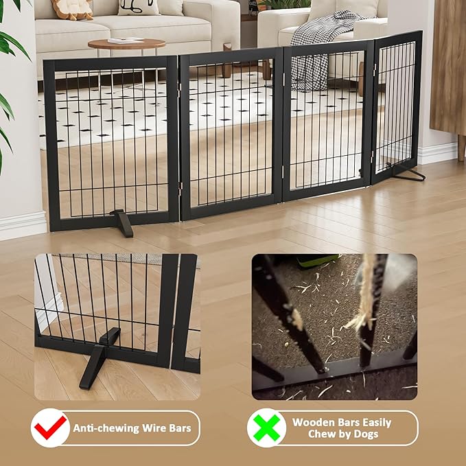 Dog Gate Wire Dog Gates for House Doorways Stairs 24-Inch Freestanding Pet Gate Puppy Fences Indoor (4 Panel, Black)