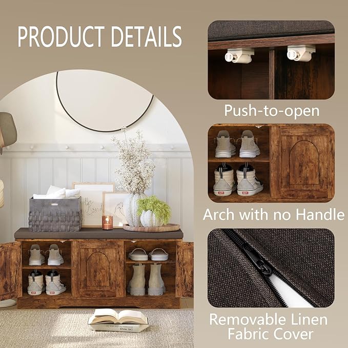 DINZI LVJ Shoe Bench, Entryway Storage Bench with Doors, Cushion, 2-Tier Shoe Rack with 6-Cubby, 39.4”L x 13.8”W Shoe Organizer Cabinet, Adjustable Shelf, Living Room, Bedroom, Rustic Brown