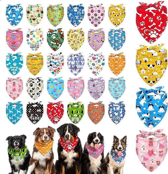 Dog Bandanas Bulk, Adjustable Cat Outfit, Pet Bibs Colorful Triangle Scarf Pet Bandanas for Medium Large Dogs Birthday Costume Decoration (30PCS_Classic)