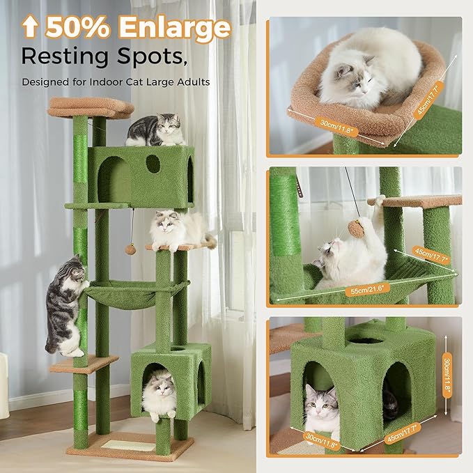 72” Cat Tree for Large Cats Big Cat Tower with Enlarged Hammock 21.6x17.7” Spacious Cats Condo House and Roomy Top Bed and Multiple Scratch Posts for Indoor Adult Cats (Green, XLarge-72)