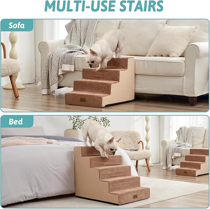 Dog Stairs for Small Dogs, 5 Tier Wider Pet Stairs for High Beds, 23.6" H Non-Slip Dog Steps for Old Cats, Puppies, Small Medium Dogs, 29.5x19.7x23.6 inch, Light Brown