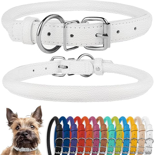 CollarDirect Rolled Leather Dog Collar, Soft Padded Round Puppy Collar, Handmade Genuine Leather Collar Dog Small Large Cat Collars 13 Colors (6 Inch, White Textured)