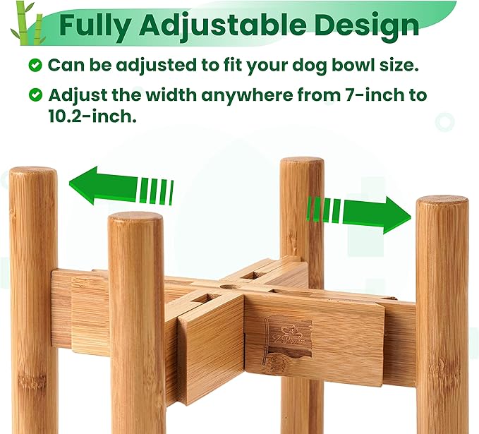 Dog Bowl Stand for Large Dogs - Raises Feeders and Bowls to 12-inch High, Expandable Sideways, Compatible to Various Sizes of Slow Feeders, Water Dishes and Fountains - Bamboo