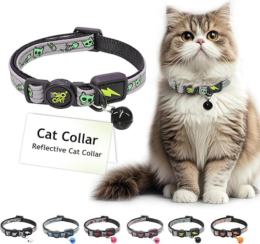 DOCO Cat Collar (Neck Girth - 3/8" x 7.5-12", Weight Upto - 13lb) Reflective Cat Collar with Bell, Breakaway Safety Buckle, Adjustable Nylon Strap for Kittens & Adult Cats (Lime)