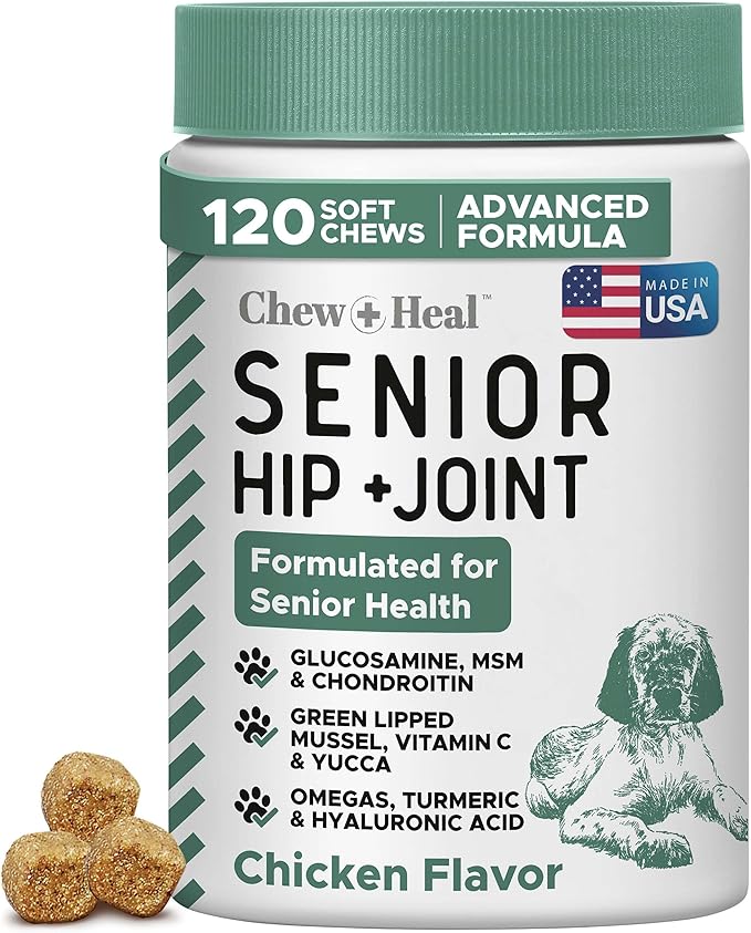 Glucosamine for Dogs Hip and Joint Supplement - 120 Senior Dogs Mobility Soft Chews - Made with Glucosamine, MSM, Chondroitin, Green Lipped Mussels and More - Made in The USA