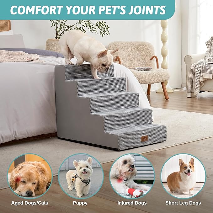 Dog Stairs for Small Dogs, 5 Tier Wider Pet Stairs for High Beds, 23.6" H Non-Slip Dog Steps for Old Cats, Puppies, Small Medium Dogs, 29.5x19.7x23.6 inch, Grey