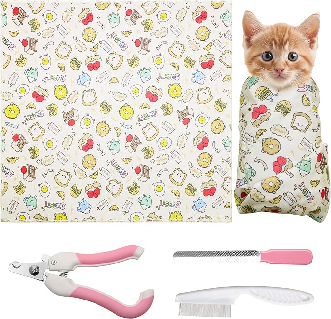 4p Cat Wrap for Cutting Nails Set, Self-Adhesive Cat Wrap Comfortable & Soft Cat Grooming Wrap Suitable for Many Cat Sizes Cat Burrito Wrap for Trimming Nails