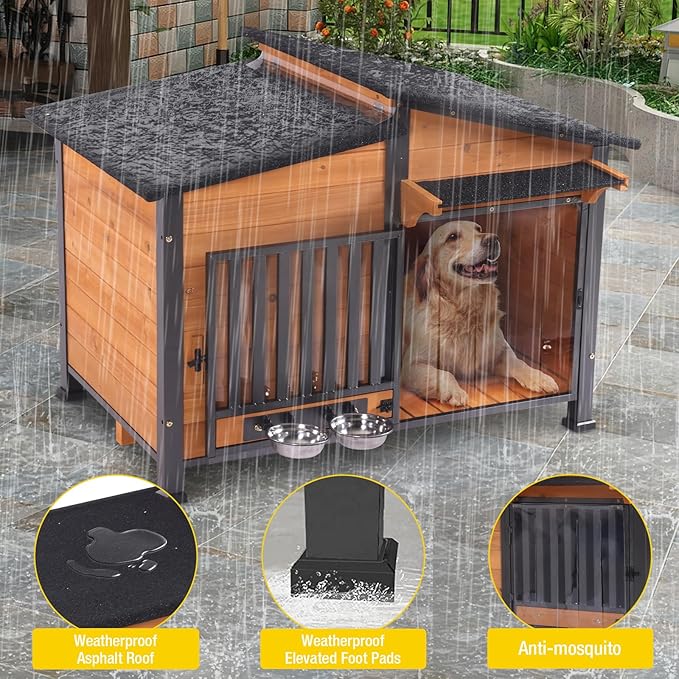 Chew-Resistant Dog House with Metal Frame, Wooden Kennel for Indoor & Outdoor Use, Waterproof Roof & Feeding Bowls Included (Wood, L)