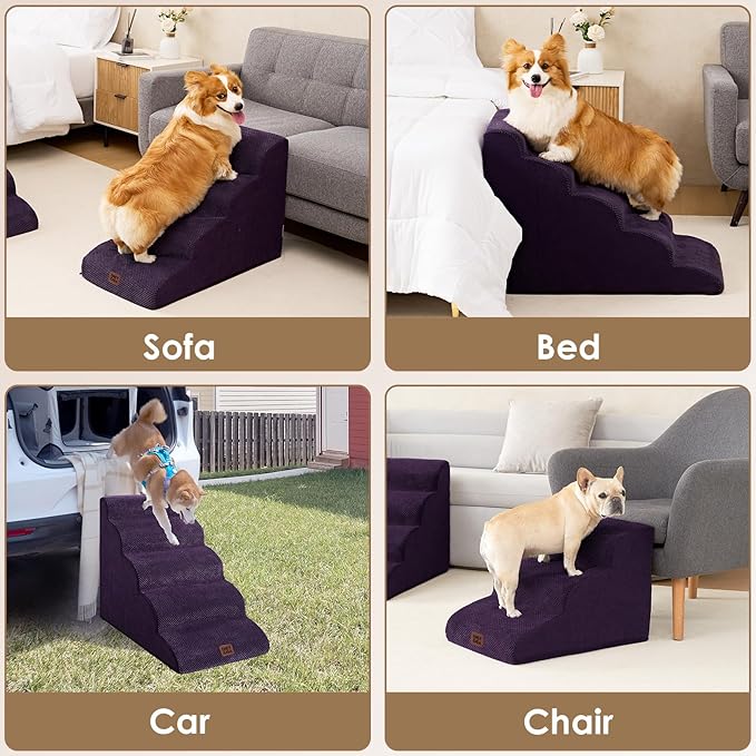 EHEYCIGA Curved Dog Stairs Ramp for Small Dogs 15.7" H, 3-Step Dog Steps for Couch Sofa and Chair, Pet Stairs for Cats, Non-Slip Balanced Pet Steps Indoor, Purple